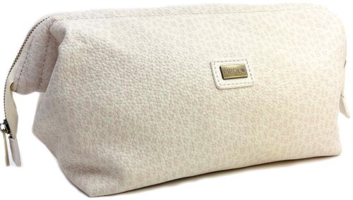 A white fabric bag with a zipper and a small brand label, designed for carrying items.