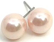 A pair of shiny, pinkish pearl earrings with metal posts.