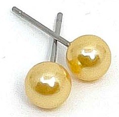 A pair of gold spherical earrings with posts. Shiny and round, they reflect light.