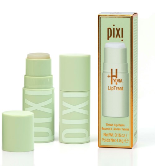 Läppbalsam i grönt förpackning och box, märkt 'pixi + Hydrating LipTreat'.