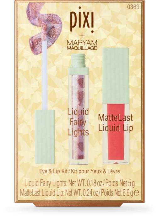 En makeup-uppsättning innehåller Liquid Fairy Lights och MatteLast Lip Liquid i pastellnyanser. Förpackningen är ljusgul med lila och rosa detaljer.