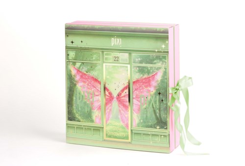 Eine pink-grüne Beauty-Adventskalender mit Schmetterlingsflügel-Design, mit einem hellgrünen Band an der Seite gebunden.