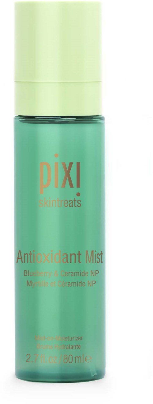 A green spray bottle labeled Pixi Anti-oxidant Mist with a light green cap.