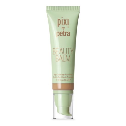 Grüne Tube mit durchsichtigem Deckel, beschriftet 'pixi by petra' und 'BEAUTY BALM'.