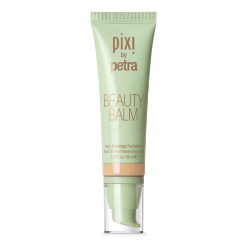Eine grüne Tube mit der Beschriftung 'Pixi by Petra Beauty Balm' und klarer Kappe, zeigt ein Make-up- oder Hautpflegeprodukt.