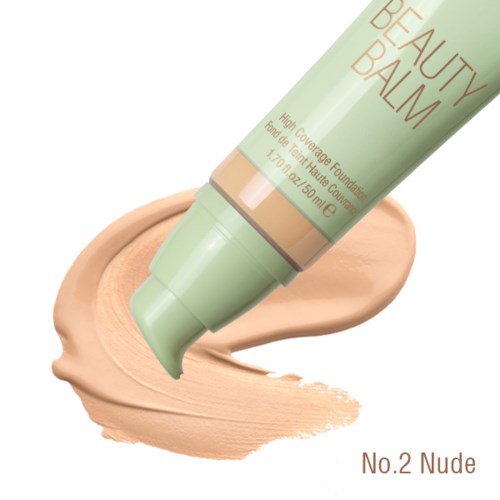 Eine Tube Beauty Balm mit hellgrüner Verpackung, verteilt beige Creme mit 'No.2 Nude' Beschriftung.