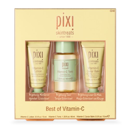 Ett hudvårdssats med tre produkter: C-vitamin lotion, toner och mask, i en box märkt "Bästa av Vitamin-C."