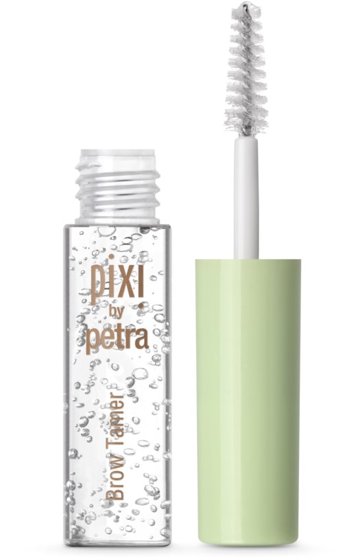 Eine transparente Flasche mit Blasen und grünem Deckel, enthält Flüssigkeit namens "Pixi Brow."