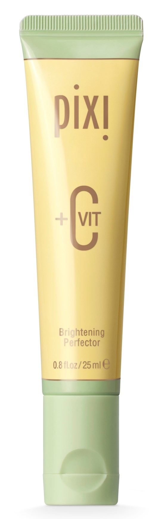 Tippa, jossa kirkastavaa hoitovoidetta C-vitamiinilla, vihreä korkki ja keltainen runko. Merkki on PIXI.