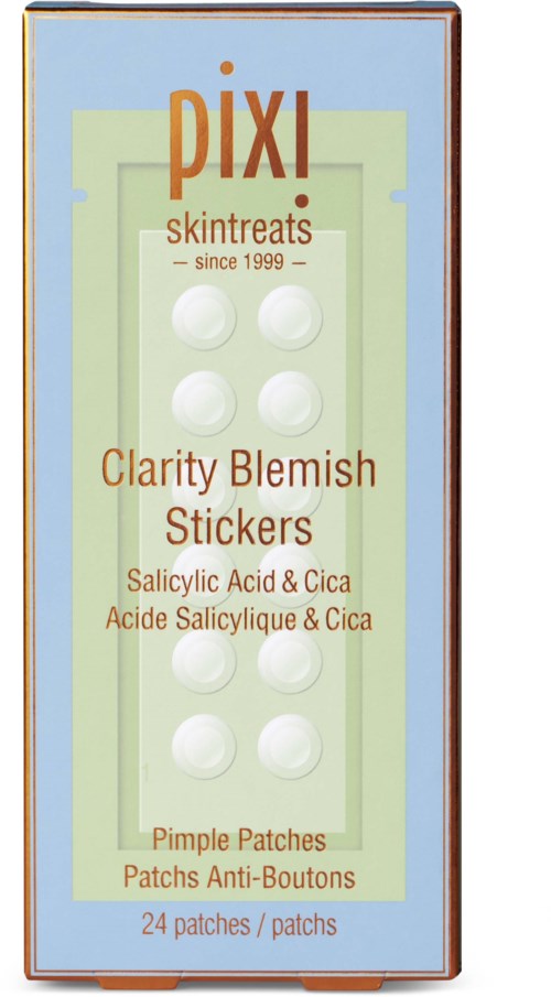Box of Pixi blemish patches with 24 white patches, containing salicylic acid and cica for acne treatment.