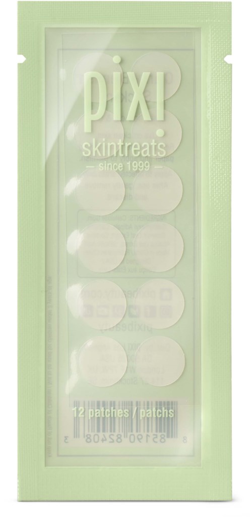 A green box with circular patches inside, a brand name 'pixi' and the words 'skintreats since 1999' on it.