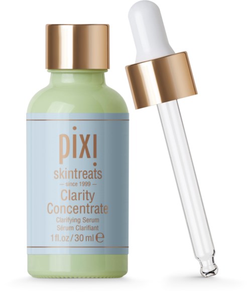 En hudpleieserumflaske merket 'Pixi Skintreats Clarity Concentrate' med en pipette ved siden av.