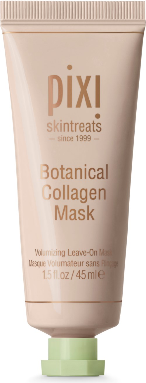 En tube med PIXI Botanical Collagen Mask i lys beige farge med grønt lokk.