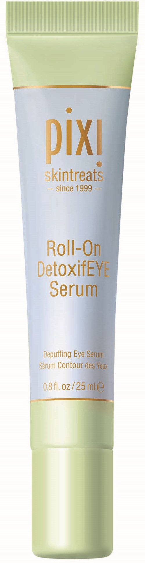 En grönt och vitt tube av Pixi Detoxify Eye Serum för att minska svullnad och forma ansiktet runt ögonen.