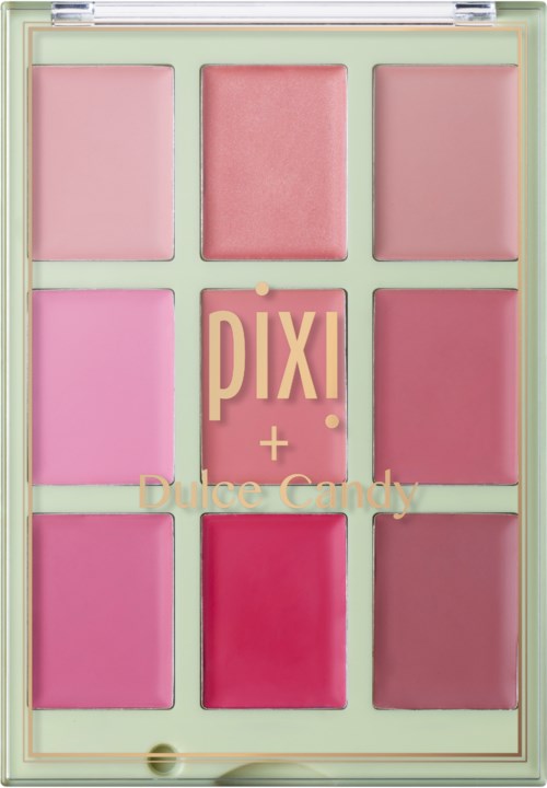 En sminkpalett med nio rosa och röda nyanser i ett rutnät, märkt 'Pix! + Dulce Candy' i mitten.