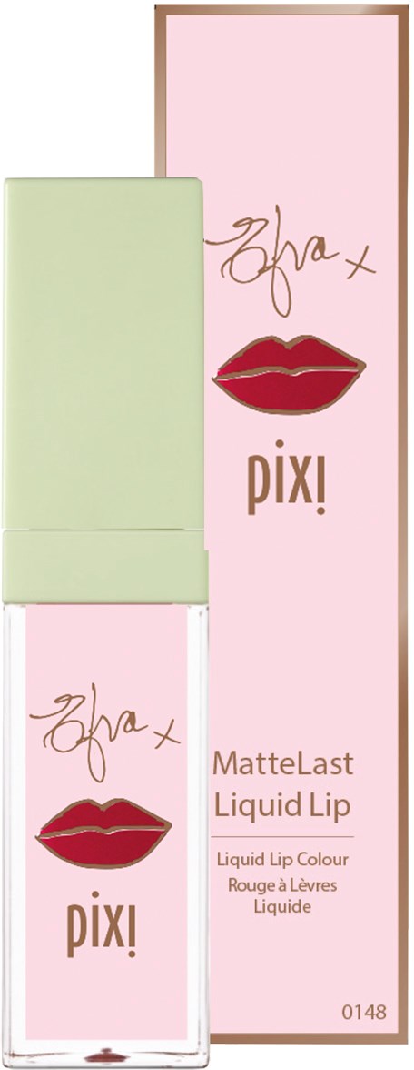 MatteLast Liquid Lip med rosa förpackning, läppillustration och handstil; grön box inuti. Enkel, feminin design.