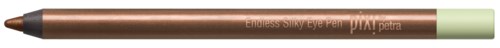En roséguldfärgad ögonbrynspenna med svart lock och grönt märke, märkt 'Emoss Chicky Eyebrow Pencil Petra.'