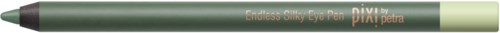 Ein grüner Eyeliner-Stift mit der Aufschrift 'pixi by petra' und 'Endless Silky Eye Pen' mit schwarzer Spitze.
