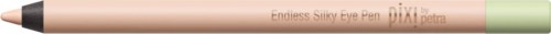 Ein beiges Augenstift mit schwarzer Spitze und hellgrünen und pinken Abschnitten, von Pixi gekennzeichnet 'Endless Silky Eye Pen'.