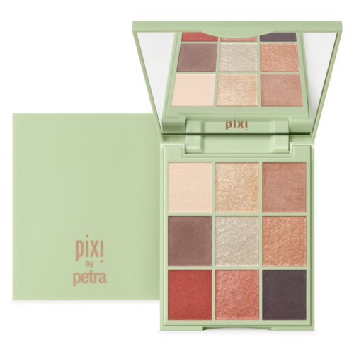 Eine grüne Make-up-Palette mit 12 verschiedenen Farbtönen, darunter Pink, Braun und Schwarz. Mit Spiegel.