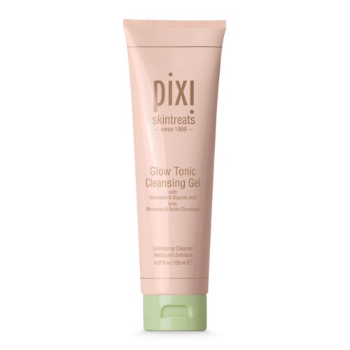 Różowa tubka żelu oczyszczającego Pixi z zieloną nakrętką, na etykiecie napis Glow Tonic Cleansing Gel, zawiera kwas glikolowy.