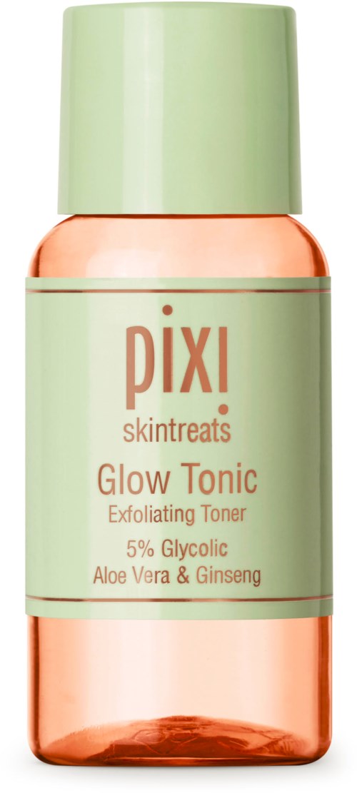 A small bottle with a green cap and a label that says 'Pixi' and 'Glow Tonic' with key ingredients listed.