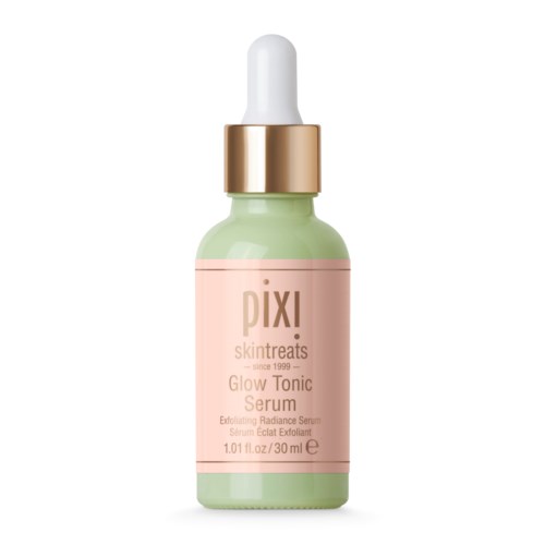 Mała butelka z jasnozieloną cieczą i białą pipetą, oznaczona Pixi Skintreats Glow Tonic Serum.