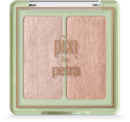 Eine grüne Make-up-Palette mit zwei Puderfarben, beschriftet 'pixi! by Petra' in der Mitte.