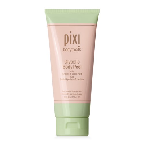 En tube med grønt og rosa som inneholder Pixi Glycolic Body Peel for hudavskalling.