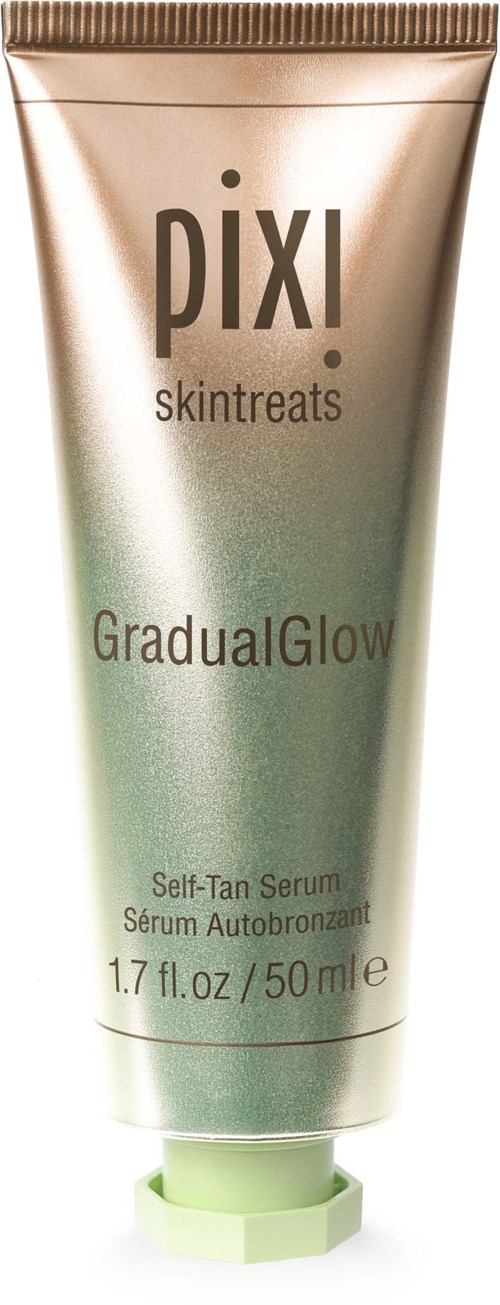 En tube fra Pixi SkinTreats Gradual Glow selvbruningsserum med grønn hett og lysfarget emballasje.