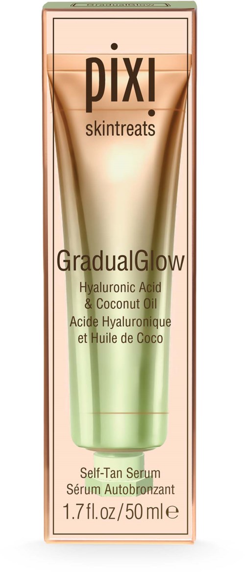 En tube med Pixi Gradual Glow Self-Tan Serum med hyaluronsyre og kokosnøttolje, 50 ml, i rosa eske.