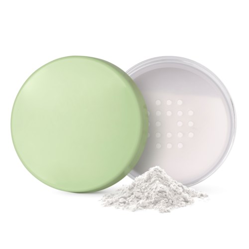 A round, green container with a lid, open to show white powder spilled nearby.