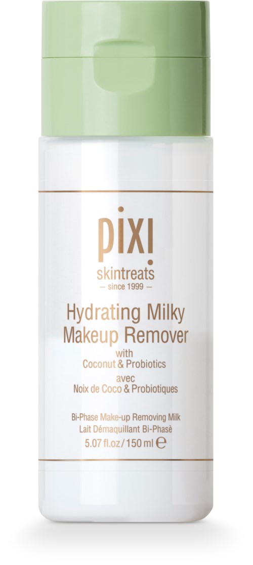 En vit flaska med grönt lock som heter Pixi Hydrating Milky Makeup Remover, 150 ml.