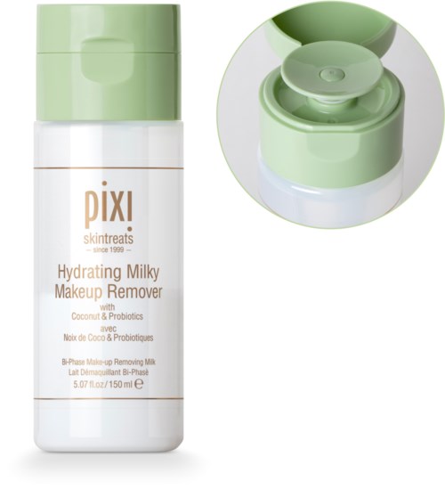 En vit och grön flaska med Pixi Hydrating Milky Makeup Remover med flip-lock lock.