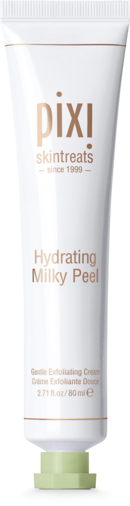 En hvit tube med Pixi Skintreats Hydrating Milky Peel med grønt lokk.
