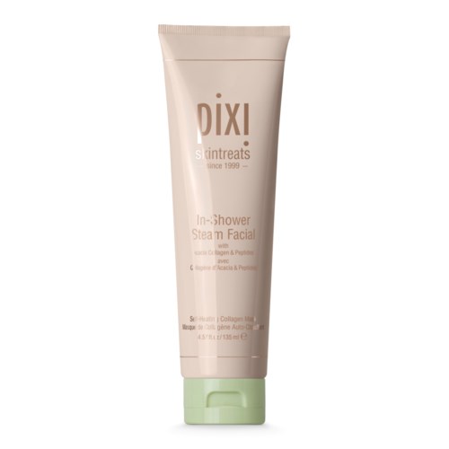 En beige tube med Pixi skin treats ansiktsmaske med grønn hette, designet for bruk i dusjen, inneholder beroligende ingredienser.