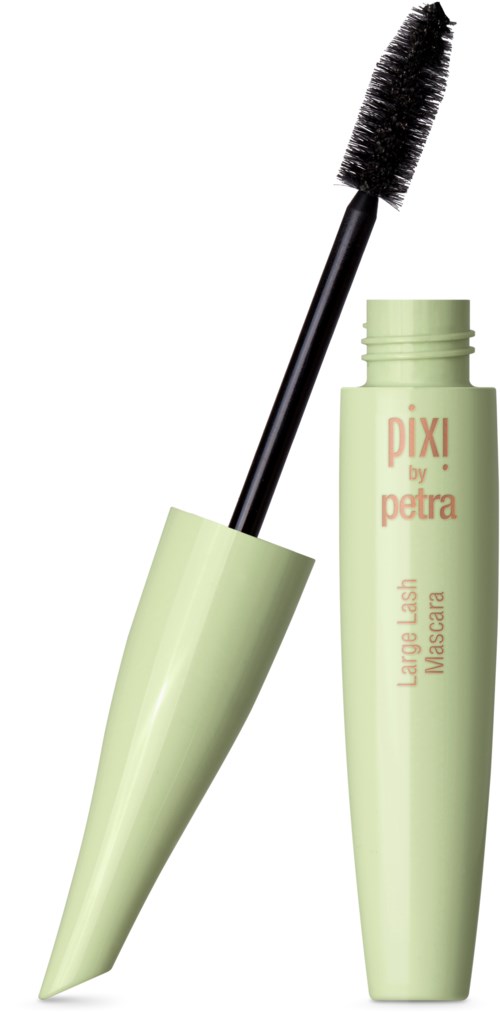 Een groene mascara-flacon met de wimperborstel eruit, met zwarte mascara op de borstel.