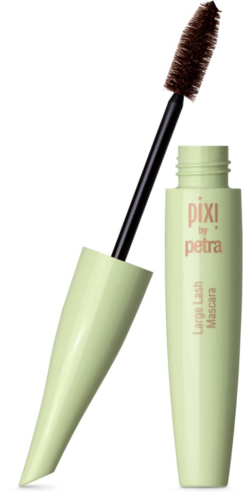 Een groen mascara-tube met een bruine kwast en de tekst "pixi by petra" op de tube.