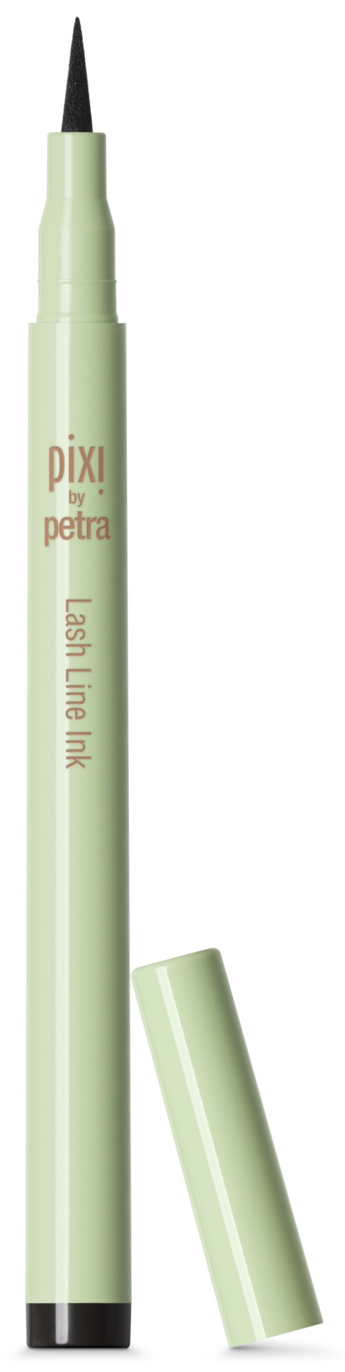 En lys grøn flydende eyeliner med sort spids og låg, og mærket "pixi by petra."