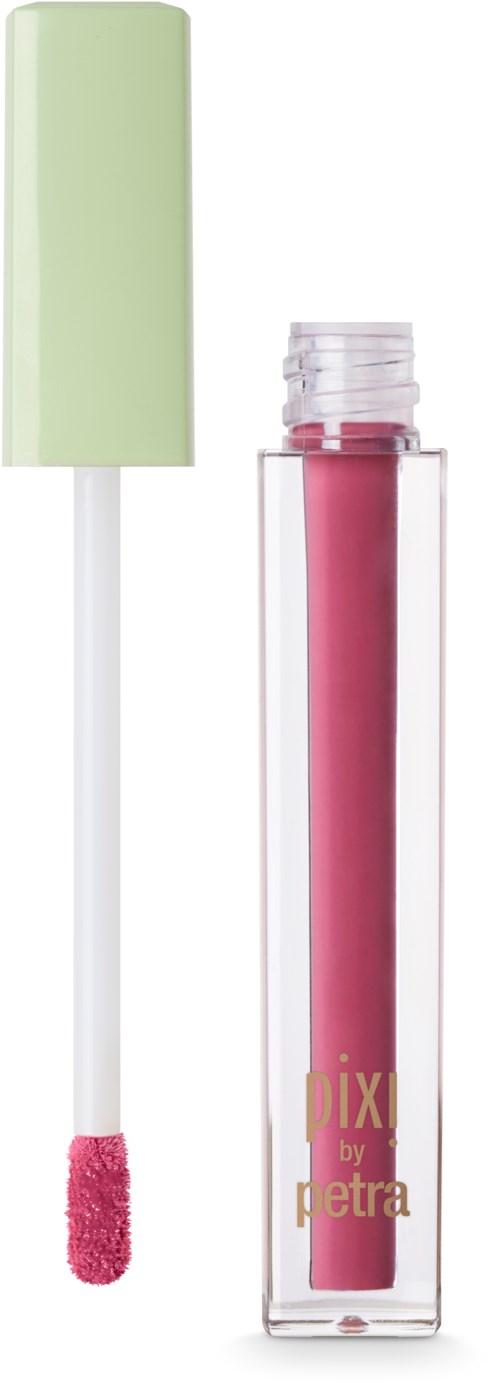 Een roze vloeibare lipgloss met doorzichtige tube, groene dop en applicator.