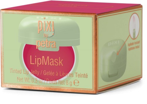 Leppemaske i eske, rosa beholder, og grønt lokk, med rosa og grøn emballasje.