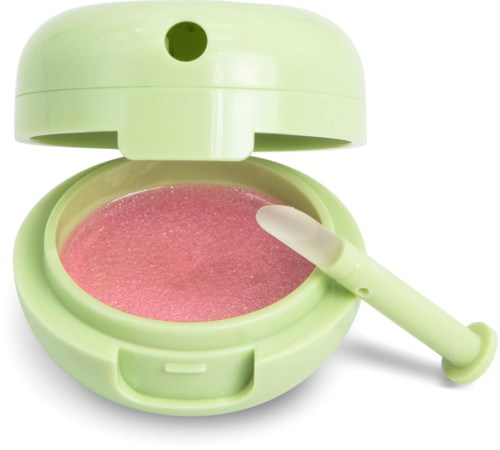Liten rosa sminkspeil med grønt etui og et hvitt påføringsverktøy inni.