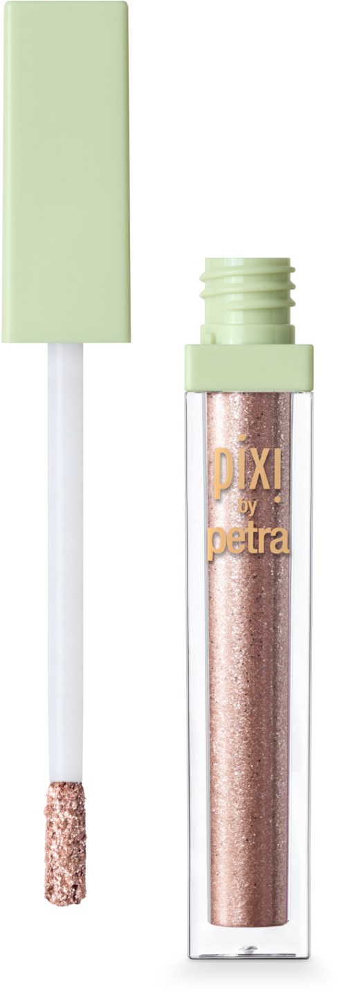 A lip gloss tube with a light green cap and transparent body showing pink glitter inside.
