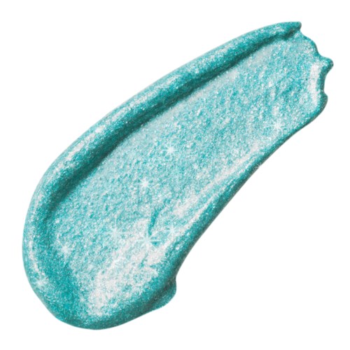 En glänsande, turkosfärgad kosmetisk kräm eller gel med ett glittrande effekt och en slät, böjd form.