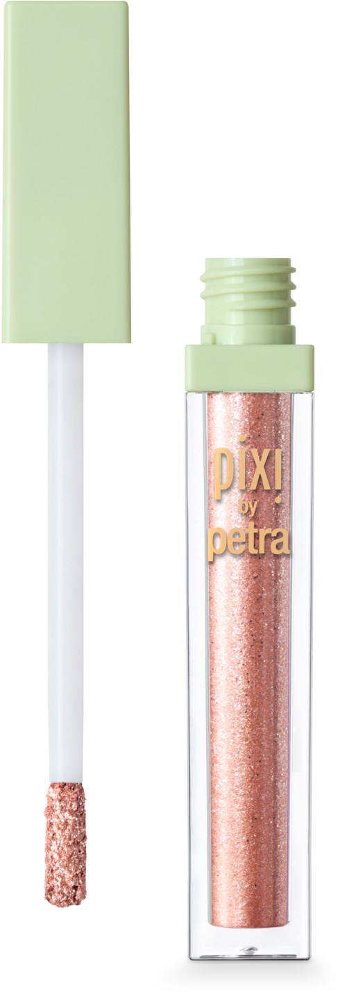 Ett läppglansrör med rosa glitter, grönt lock och applikator utanför röret.