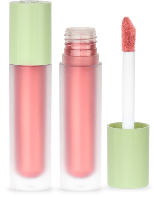 Læbepommetube med rosa gloss og en svampeapplikator, grøn låg og gennemsigtig krop, der viser glossen.