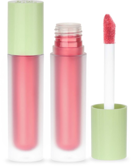 Læbeglansestift med pink gloss og grøn hætte, applikator med pink svamp.