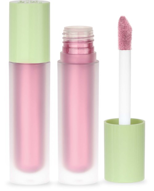 Lyserødt læbestift med grøn hætte og påføringspensel. Pincen er ude af rør, viser rosa gloss.