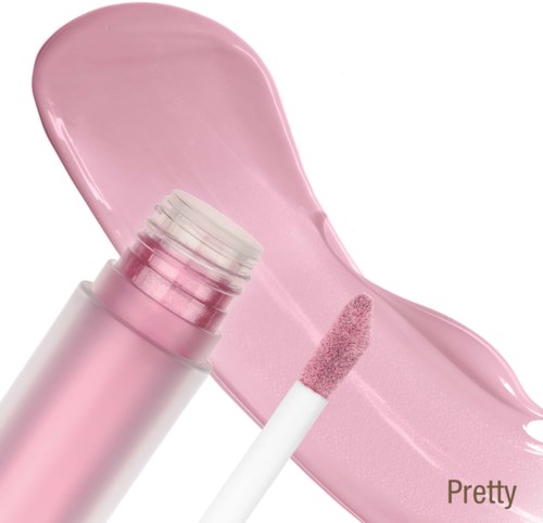 Lyserødt læbeprodukt med påføringspind og teksten Pretty.