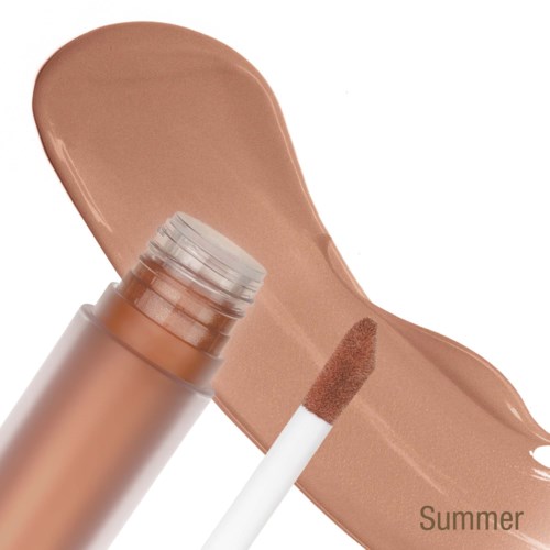 En beige flydende foundation med en svampeapplikator på hvid baggrund.